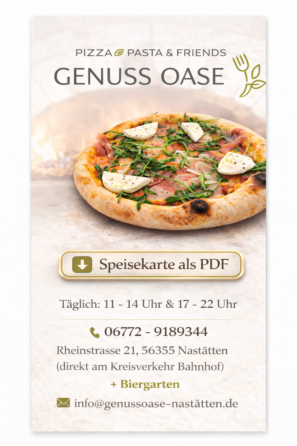 Genuss Oase Nastätten – Speisekarte als PDF, Öffnungszeiten, Telefon, Adresse, Biergarten und Online-Bestellung in Kürze möglich.